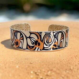 Handmade jewellery, bangle, cuff bracelet, personalisation, modern, abstract, beige, tan, black, contemporary design, unique gift, lightweight, aluminium, made in UK