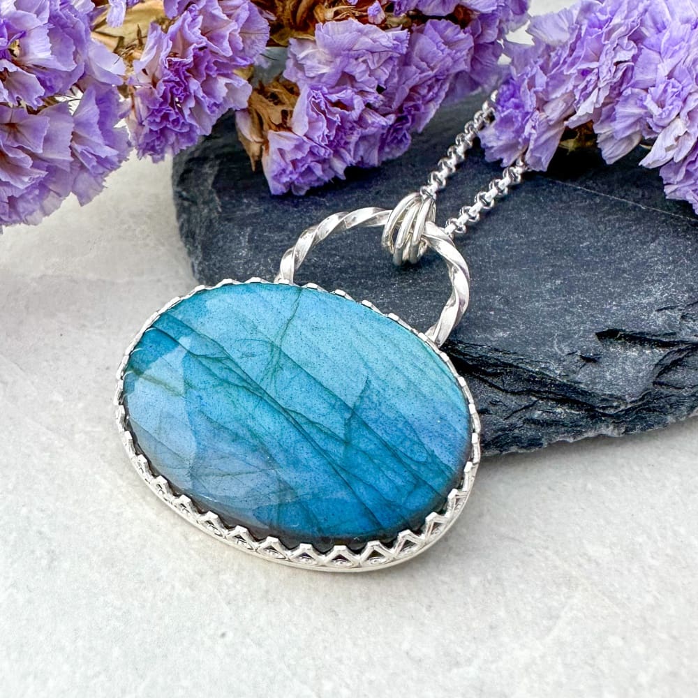 Blue labradorite gemstone necklace handmade in silver