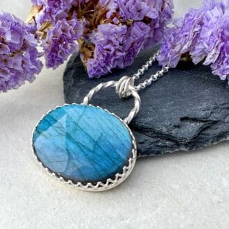 Blue labradorite gemstone necklace handmade in silver