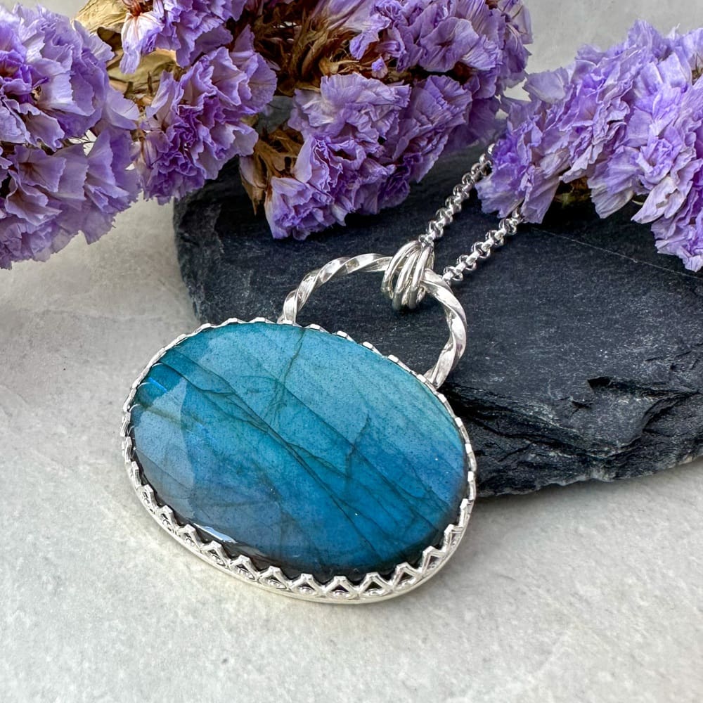 Blue labradorite gemstone necklace handmade in silver