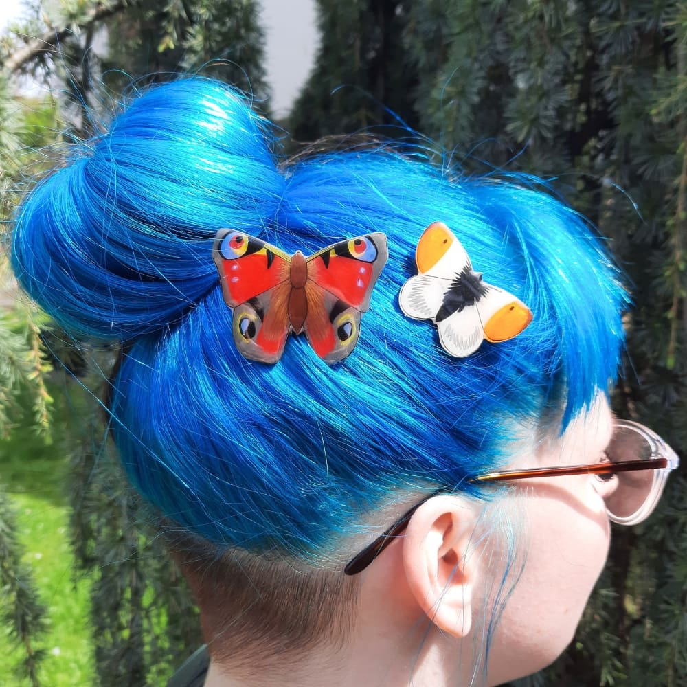 British butterfly hair pins. Peacock and Orange Tip butterflies pictured.