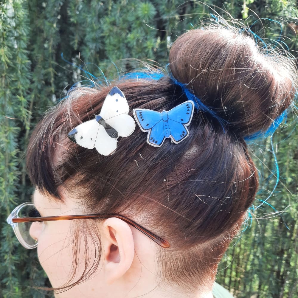 British butterfly hair pins. Cabbage White and Large Blue butterflies pictured.