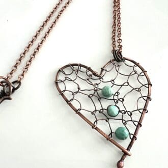 Copper Netted Heart Pendant with Turquoise Gemstones