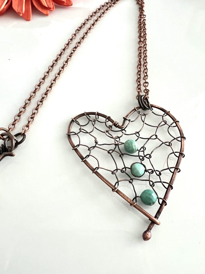 Copper Netted Heart Pendant with Turquoise Gemstones