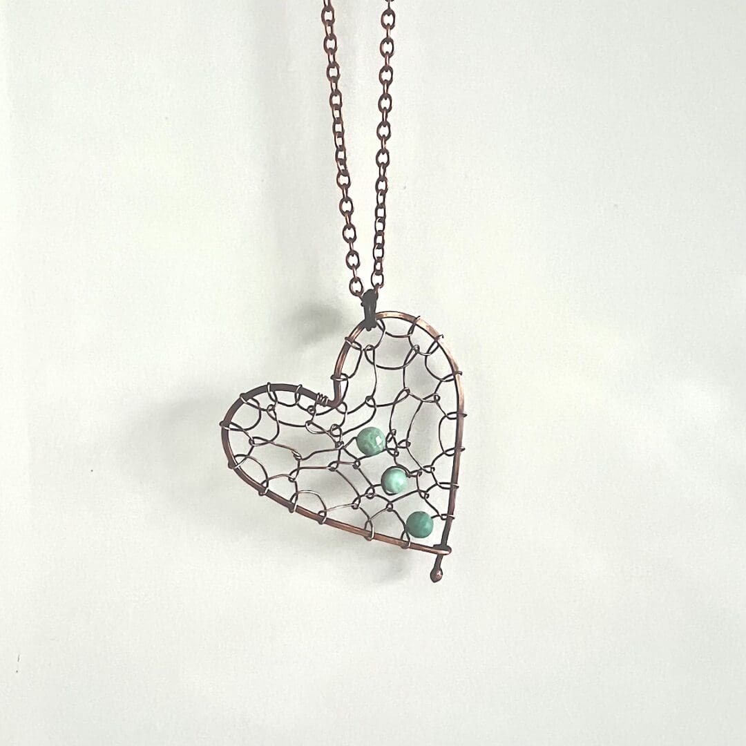 Copper Netted Heart Pendant with Turquoise Gemstones