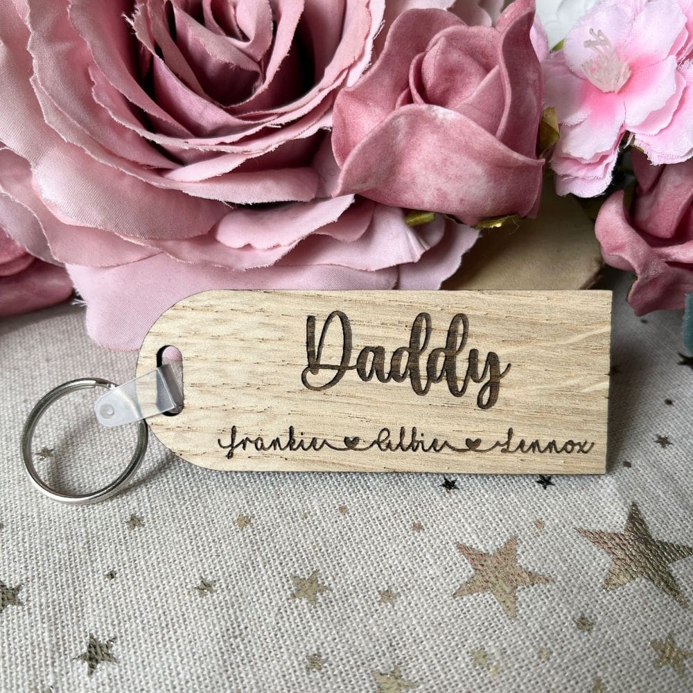 custom oak keyring with children's names for dad