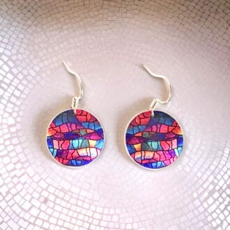 Handmade jewellery, drop earrings, round, disc, modern, abstract, pink, blue, stained glass design, unique gift, lightweight, aluminium, made in UK