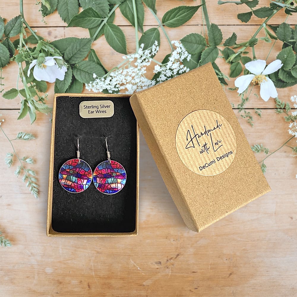Handmade jewellery, drop earrings, round, disc, modern, abstract, pink, blue, stained glass design, unique gift, lightweight, aluminium, made in UK