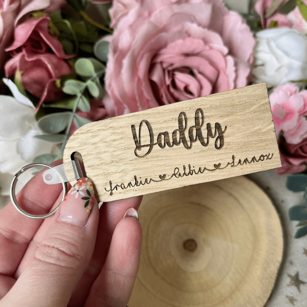 engraved wooden key fob