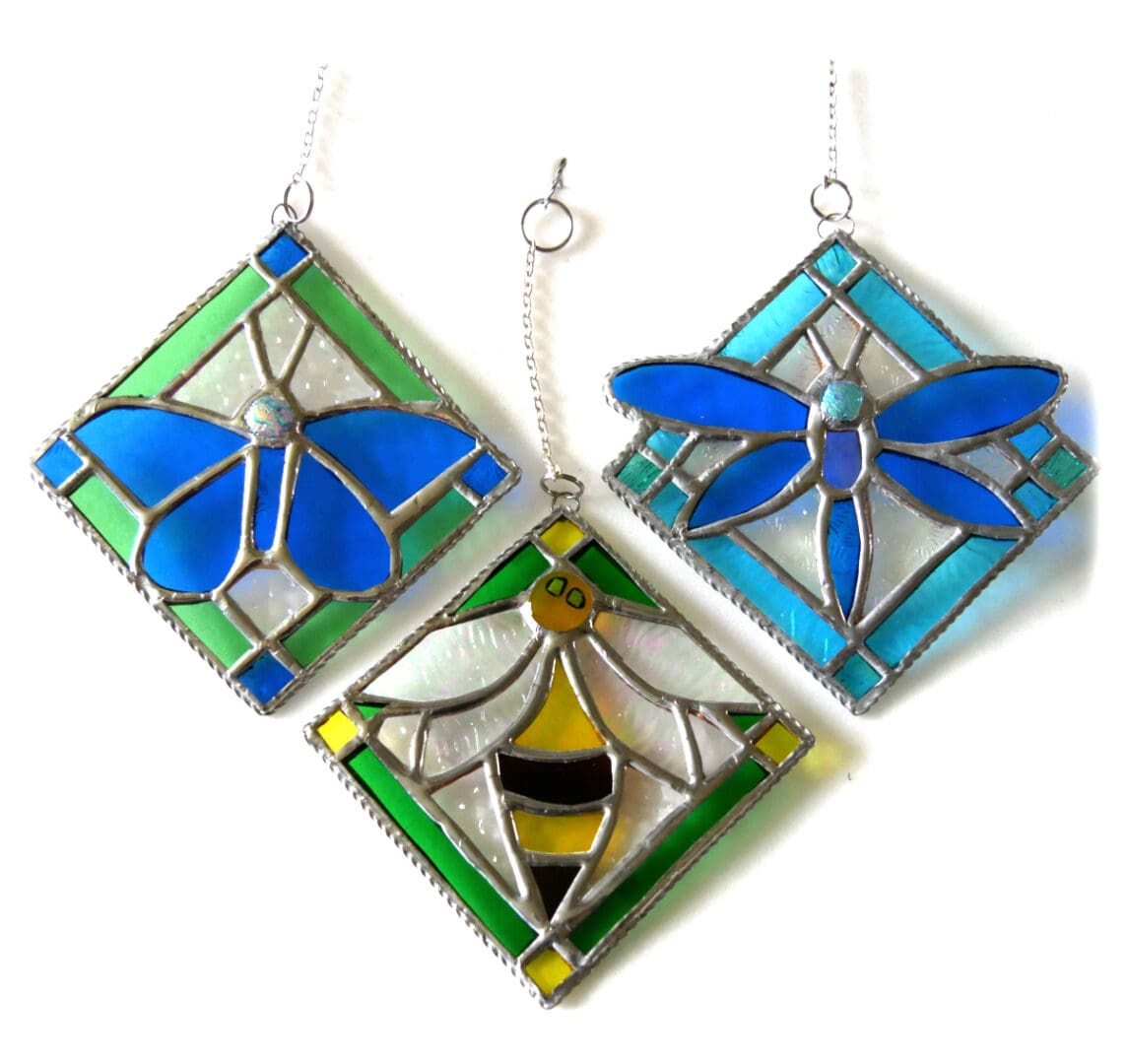 Dragonfl butterfly fee stained glass suncatcher tile framed handmade joysofglass unique