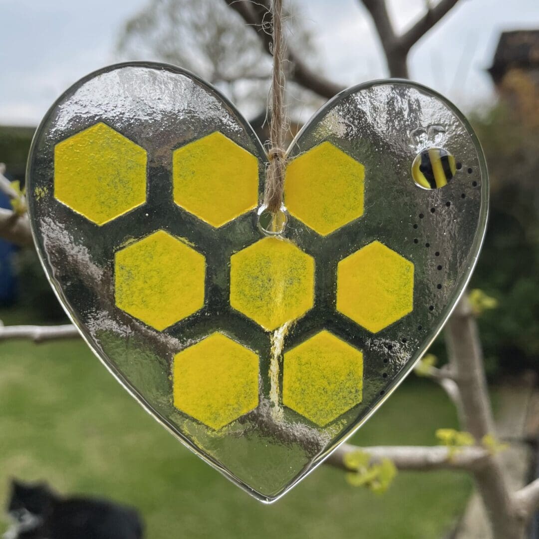 yellow honceycomb and glass bee heart hanger