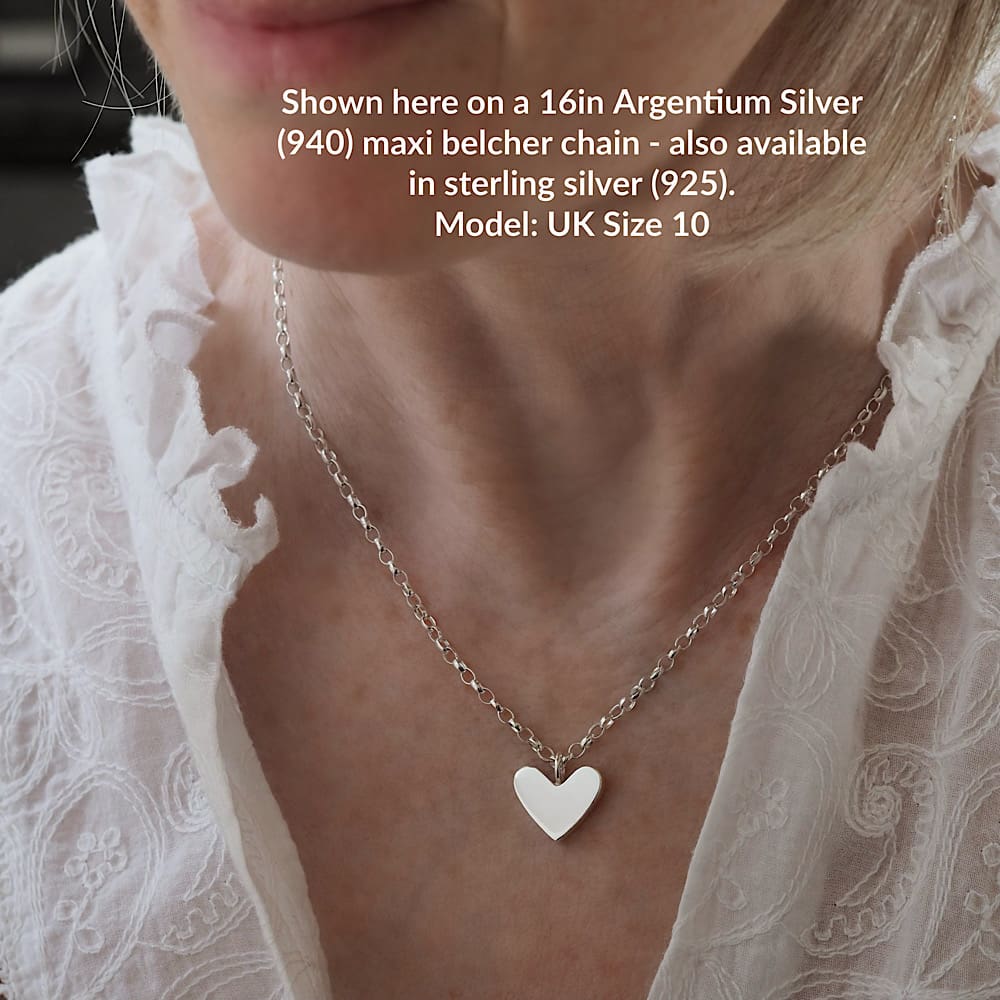 Minimalist solid argentium silver heart pendant necklace on 16in belcher chain