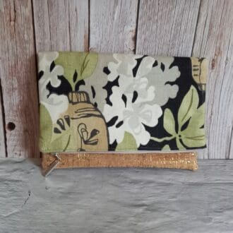 Clutch bag, gold fleck cork and linen, green and black, foldover style