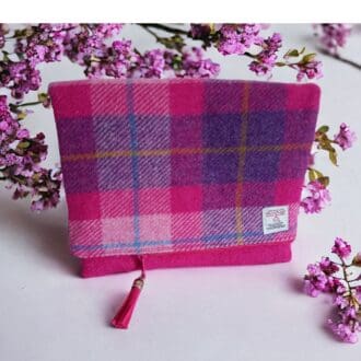 Harris Tweed Fold-over Clutch Bag. Deep pink. Dark Blue Tartan