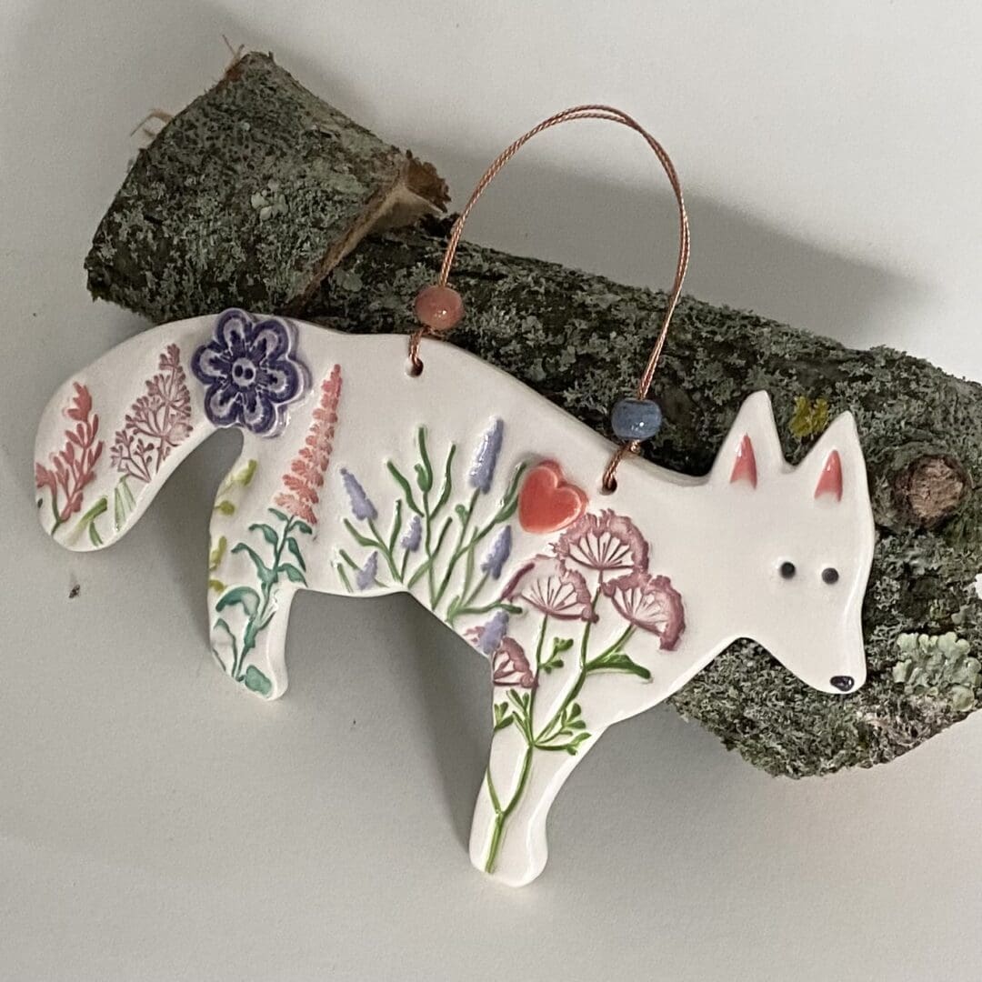 Ceramic fox with pink flowers image two