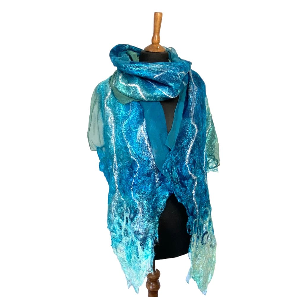 Rippling River silk and wool nuno felt scarf marian may textile art