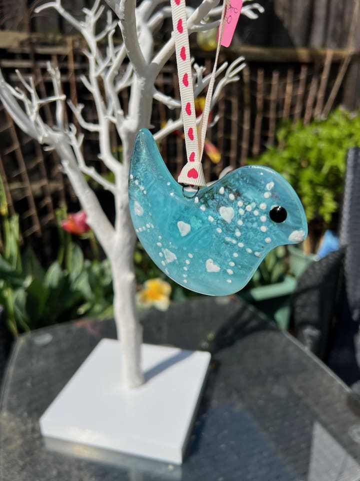 blue fused glass bird