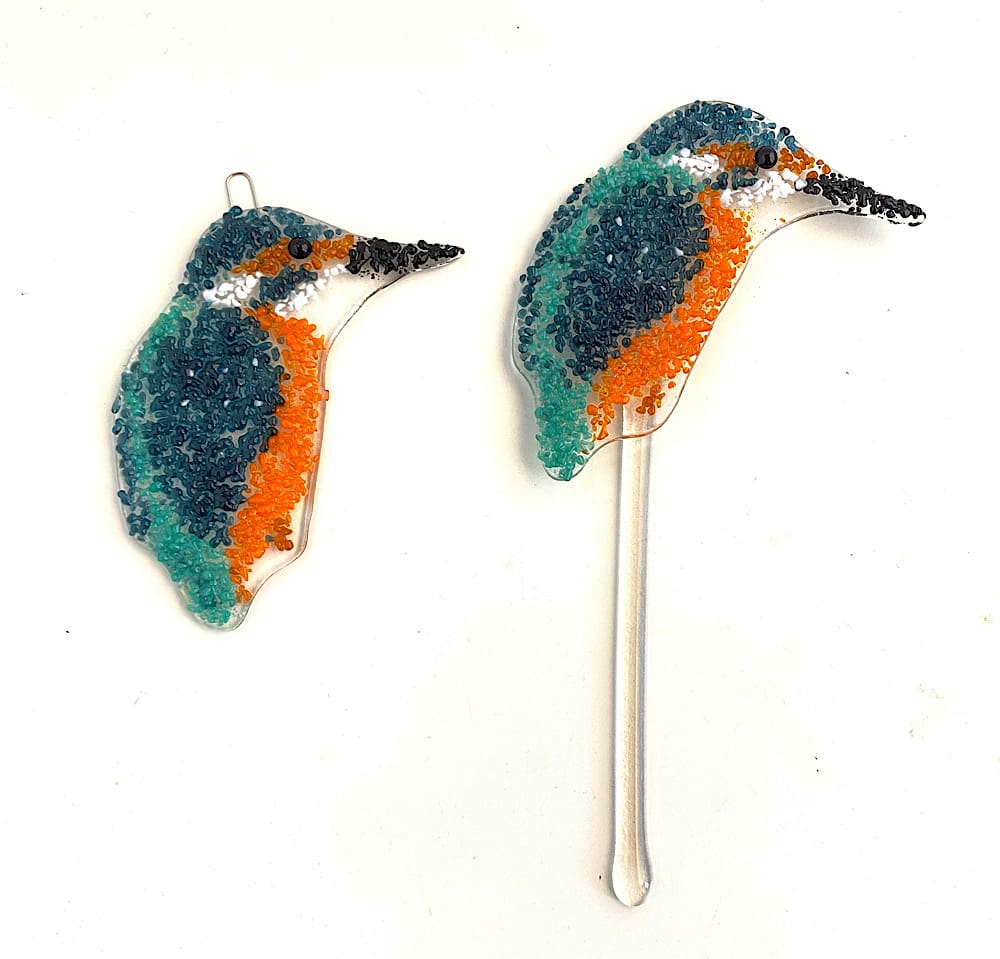 Fused glass kingfisher sun catcher or plant stake