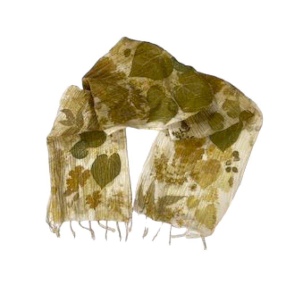 green cream leaf print organic cotton scarf marian may textile art