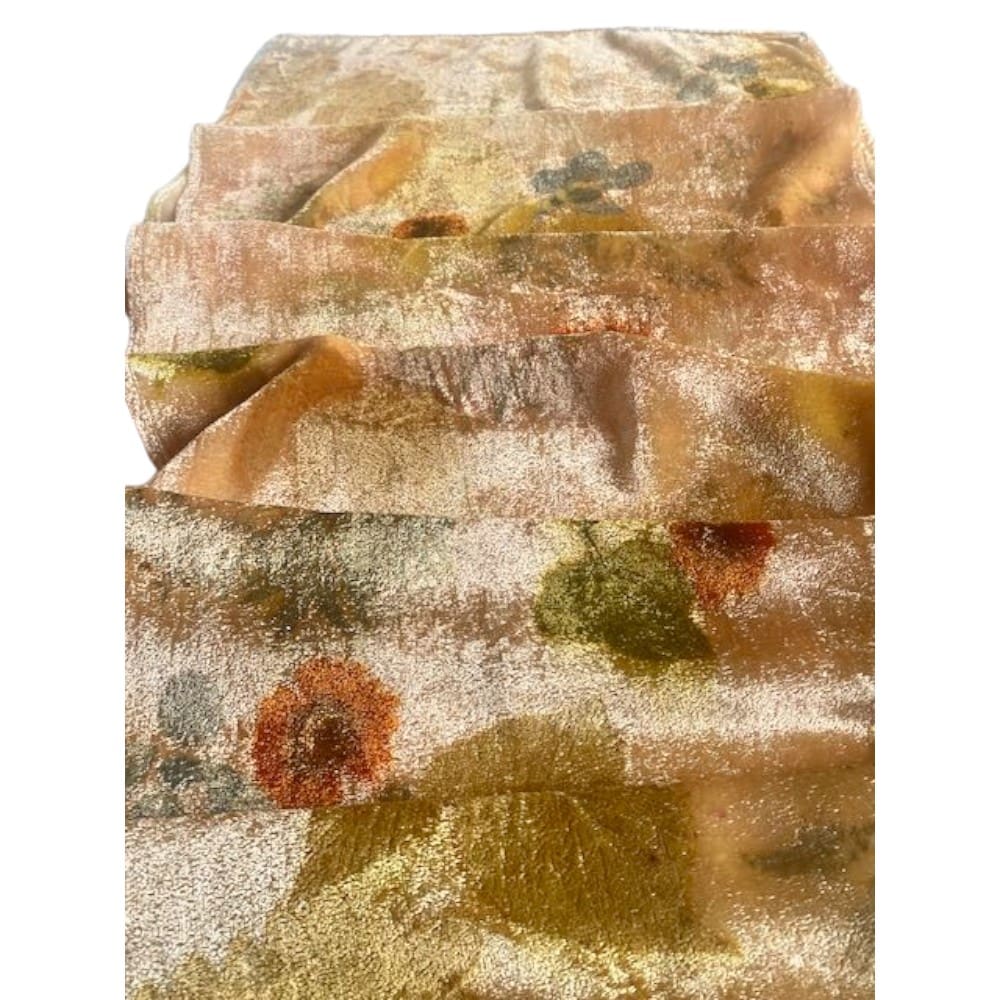 Autumn Gold Silk Velvet Scarf Shawl botanically printed with flowers and leaves marian may textile art