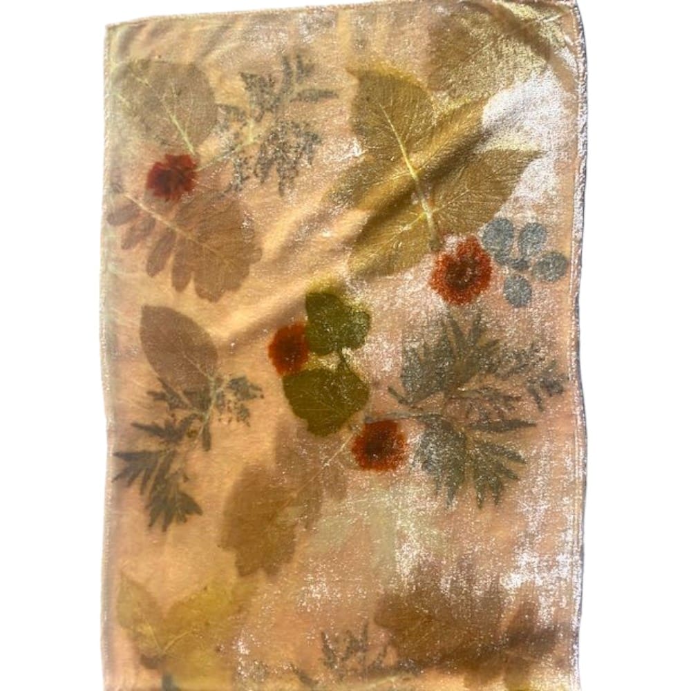 Autumn Gold Silk Velvet Scarf Shawl botanically printed with flowers and leaves marian may textile art