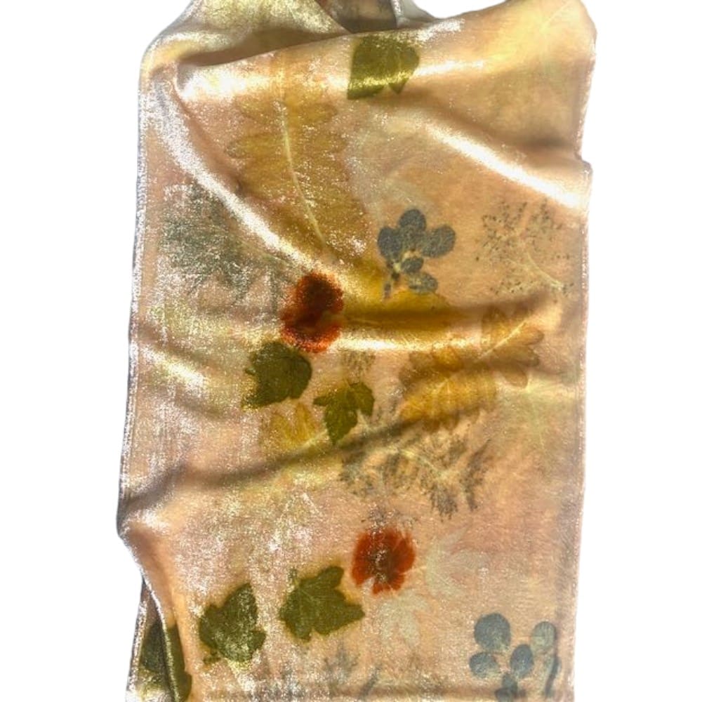 Autumn Gold Silk Velvet Scarf Shawl botanically printed with flowers and leaves marian may textile art