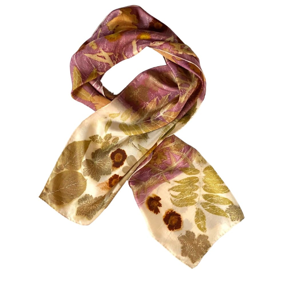 Damson Cream Silk Twill Scarf Botanically Printed with Leaves and Flowers marian may textile art