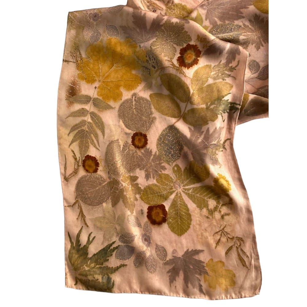 Madder Rose Silk Twill Scarf Botanically Printed with Leaves and Flowers marian may textile art