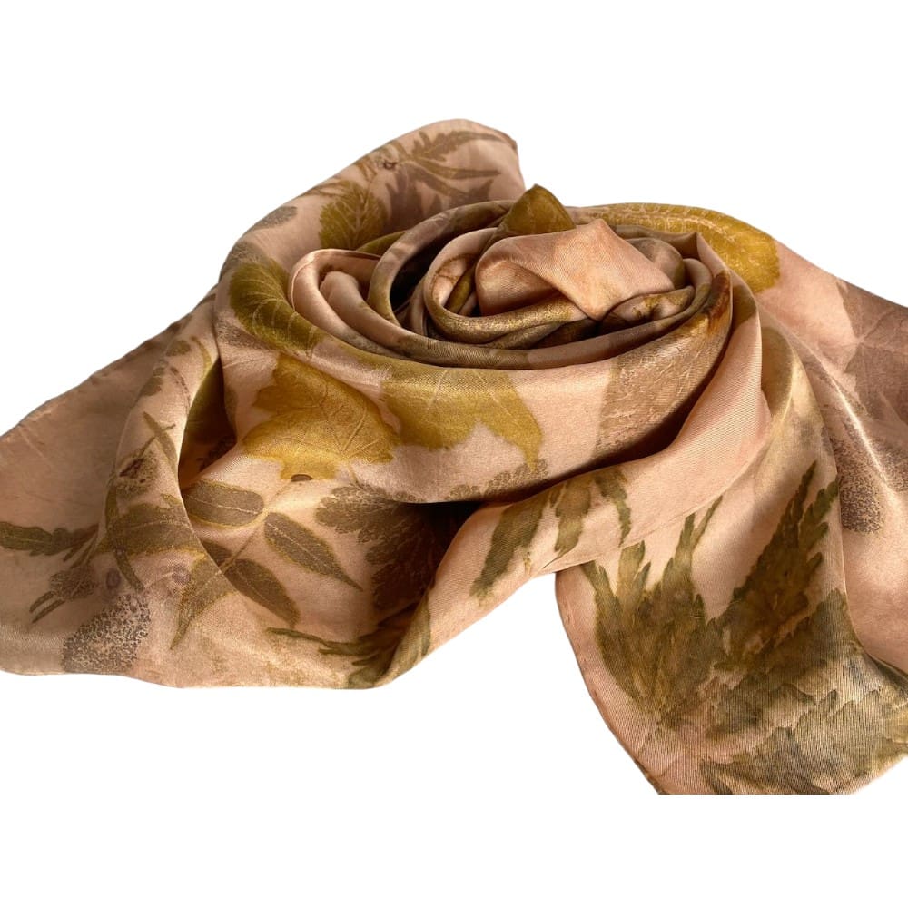 Madder Rose Silk Twill Scarf Botanically Printed with Leaves and Flowers marian may textile art