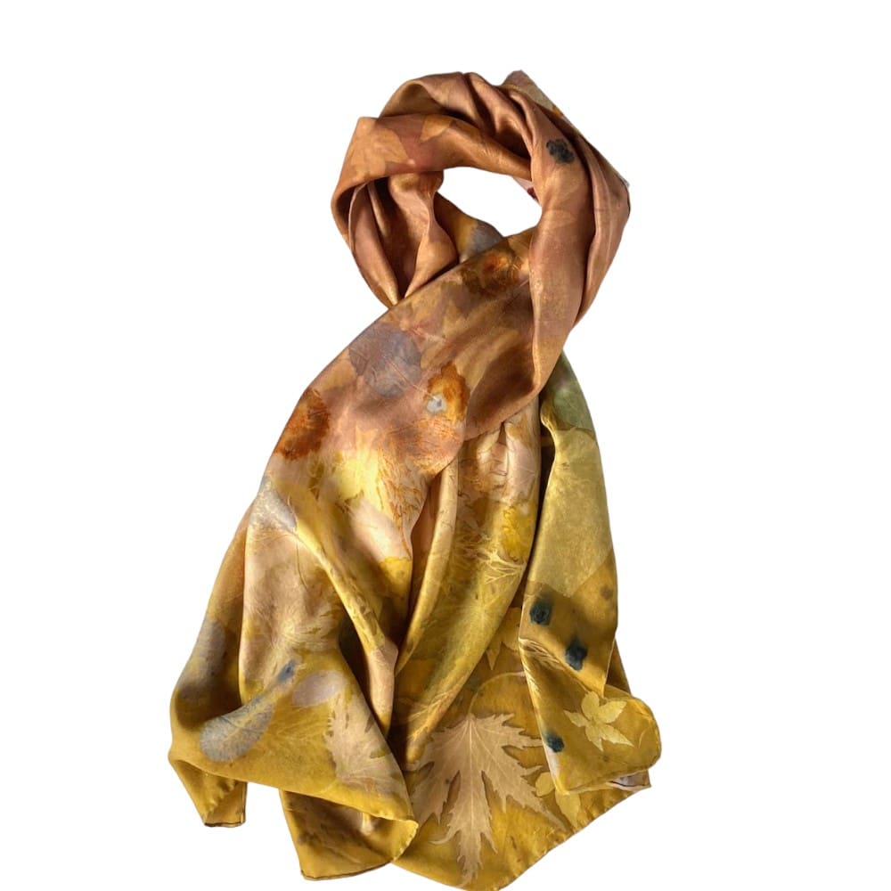 Autumn Gold Silk Twill Scarf Botanically Printed with Leaves and Flowers marian may textile art