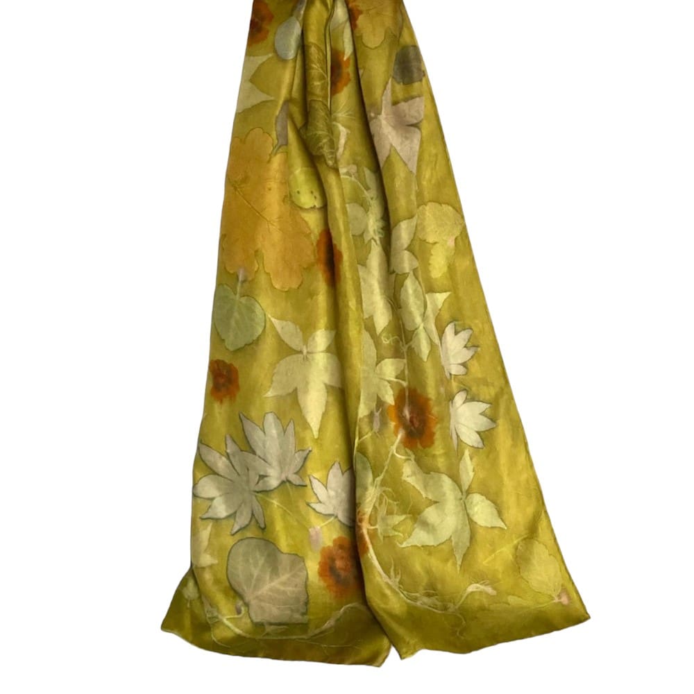 Golden Green Silk Twill Scarf Botanically Printed with Leaves and Flowers marian may textile art