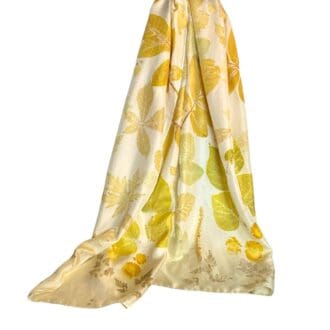 Fresh Walnut Silk Twill Scarf Botanically Printed with Leaves and Flowers marian may textile art