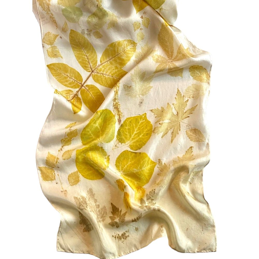 Fresh Walnut Silk Twill Scarf Botanically Printed with Leaves and Flowers marian may textile art