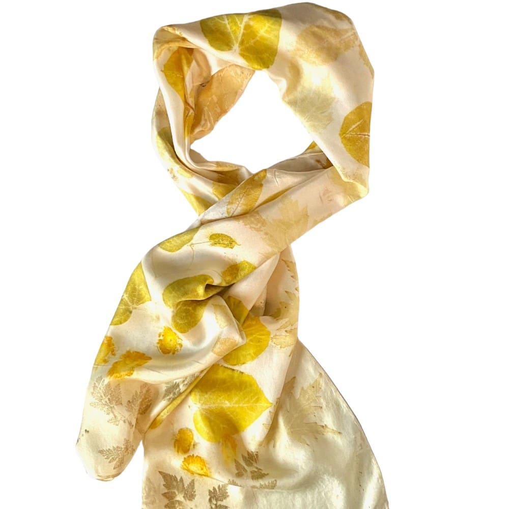 Fresh Walnut Silk Twill Scarf Botanically Printed with Leaves and Flowers marian may textile art