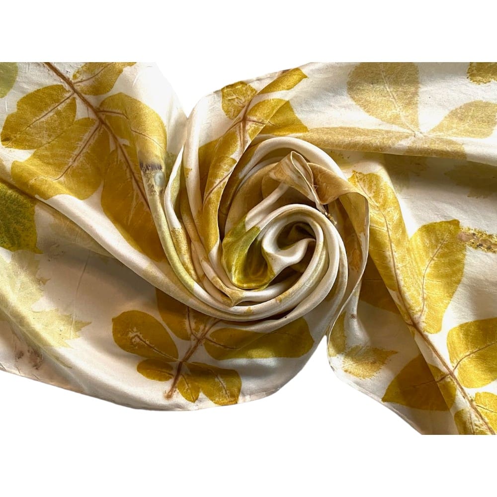 Fresh Walnut Silk Twill Scarf Botanically Printed with Leaves and Flowers marian may textile art