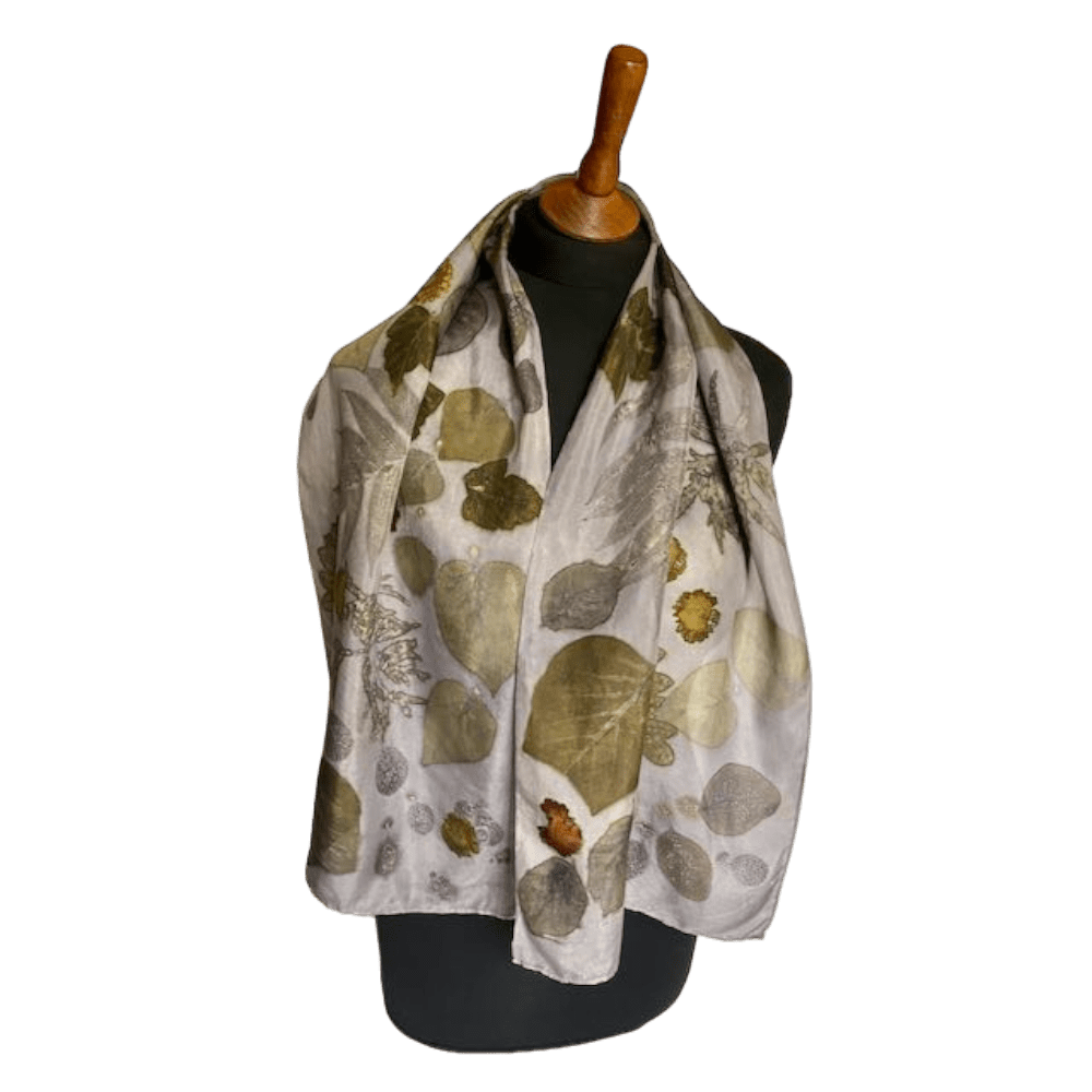 Ash grey silk scarf botanical prints 23129-1 marian may textile art