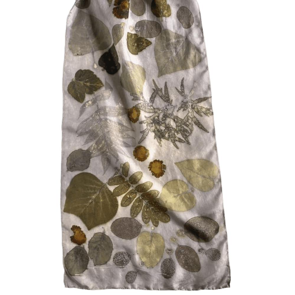 Ash grey silk scarf botanical prints 23129-1 marian may textile art