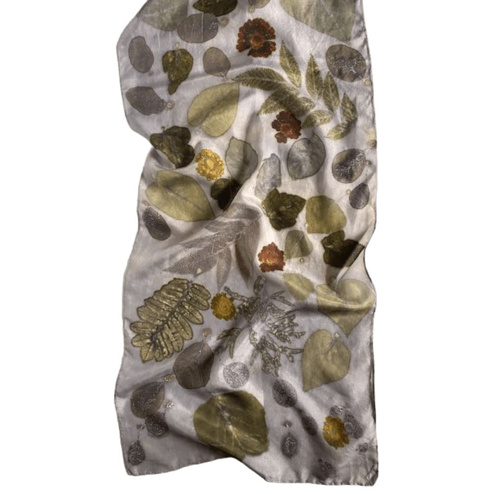 Ash grey silk scarf botanical prints 23129-1 marian may textile art