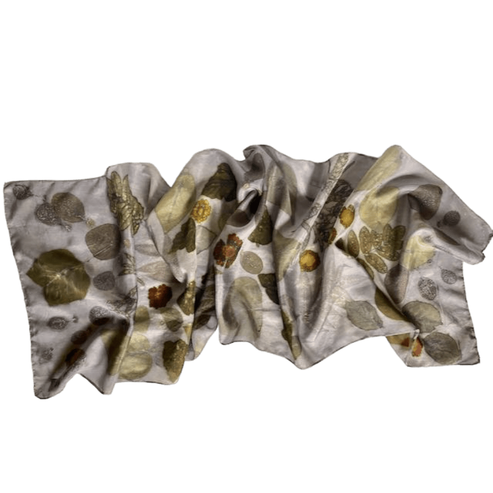 Ash grey silk scarf botanical prints 23129-1 marian may textile art