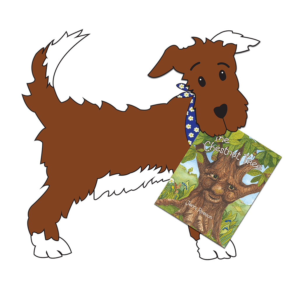 A little brown and white dog wearing a blue bandana with white daisy flowers, is carrying 'The Chestnut Tree' book