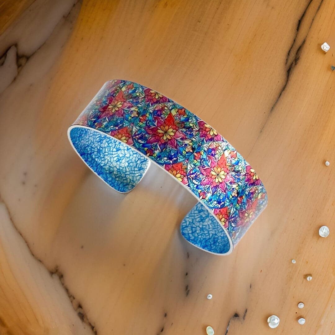 cuff bracelet, bangle, metal, aluminium, mandala, blue, red, handmade jewellery, recycled, made in uk