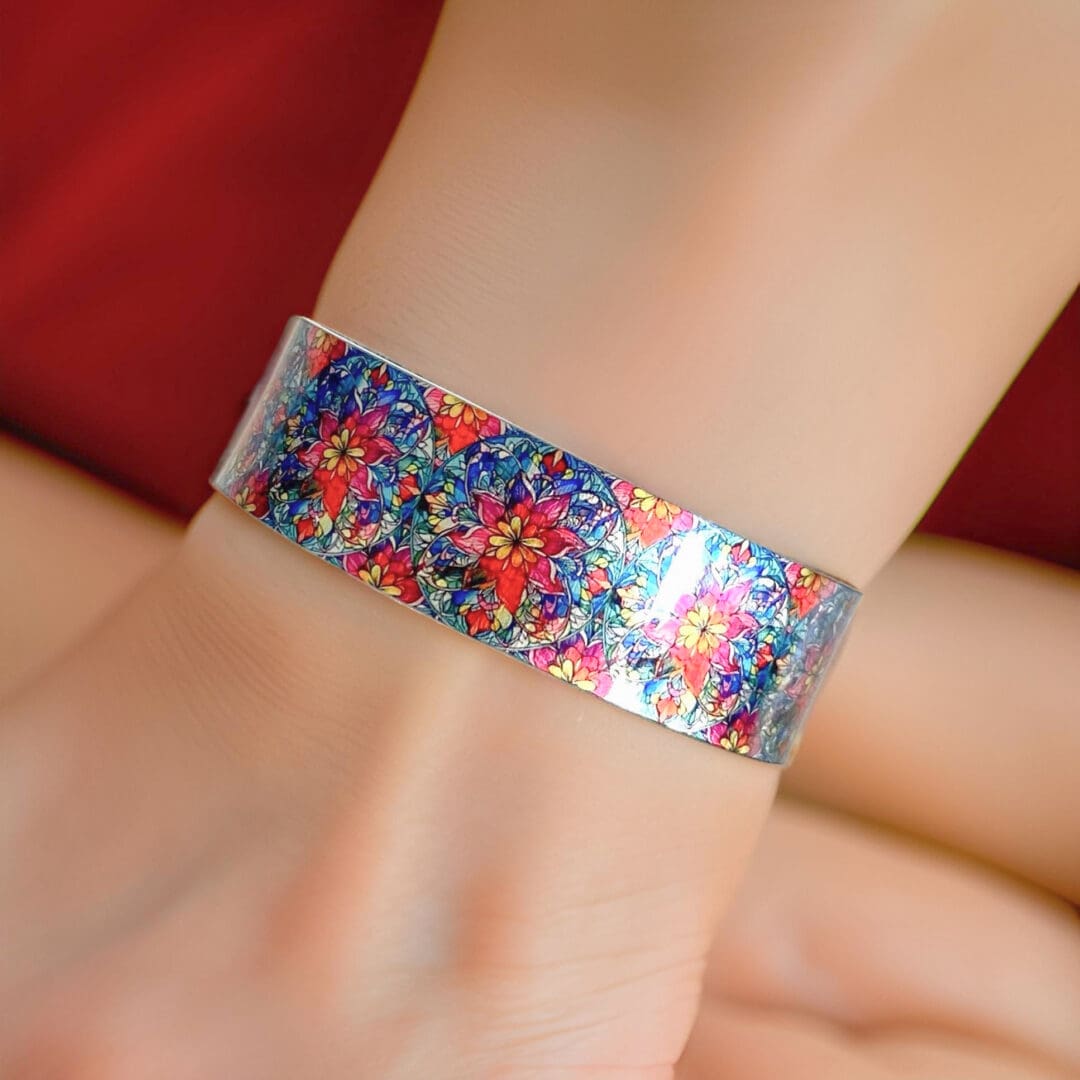 cuff bracelet, bangle, metal, aluminium, mandala, blue, red, handmade jewellery, recycled, made in uk