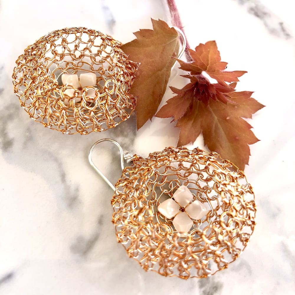 Mother of pearl flower earrings in copper colour wire crochet