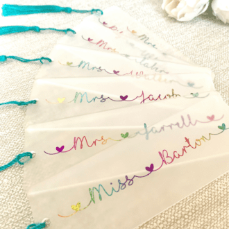 personalised bookmark for teacher with rainbow writing