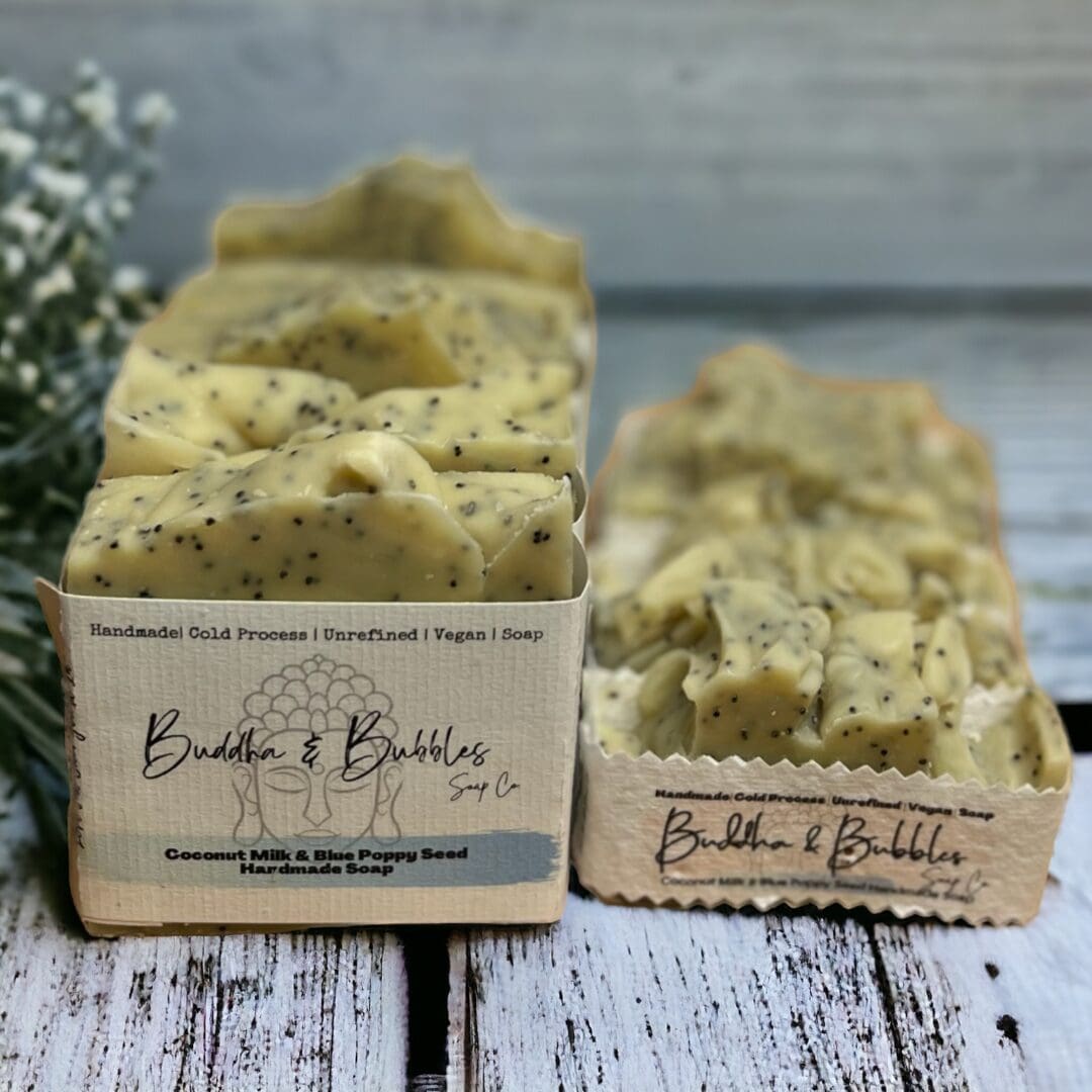soap bar cold process coconut milk and blue poppy seeds