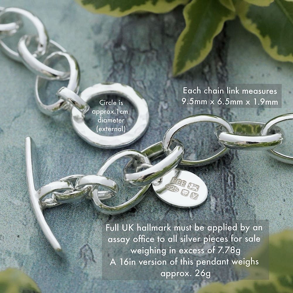 Large linked belcher chain with hammered toggle bar and circle fastening with full uk hallmark tag