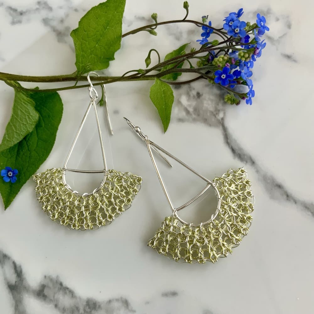 Sterling silver handmade drop earrings with lemon yellow crochet wirework