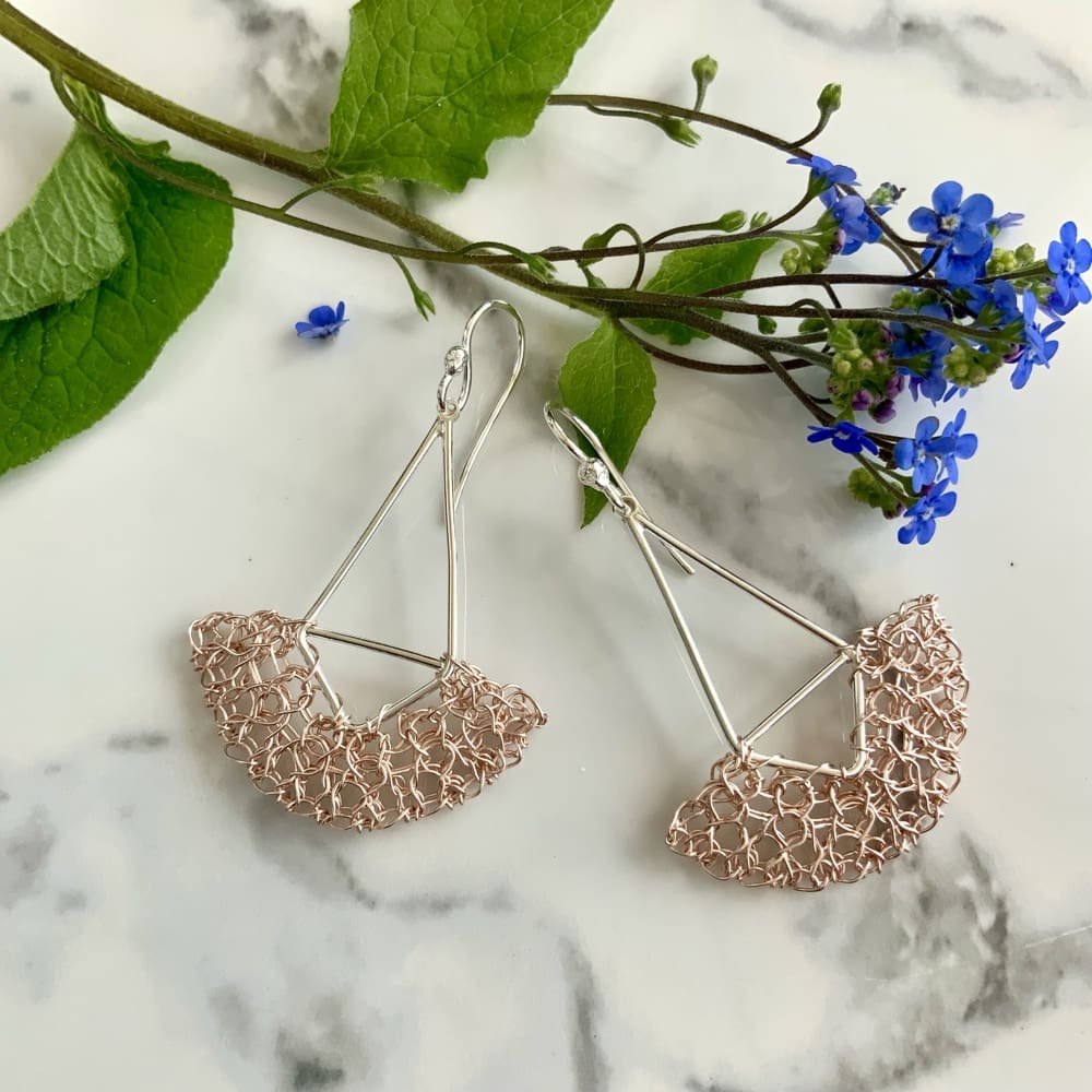 Sterling silver handmade earrings with rose gold wire crochet