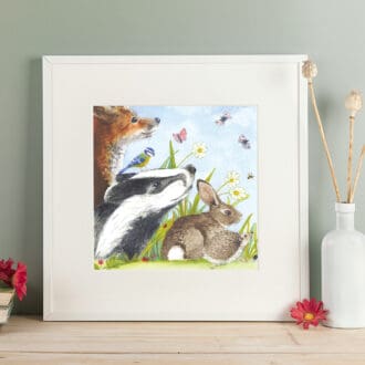 Wildlife art print of a selection of British animals. Giclee print with a white mount. Shown in a readily available standard size square white frame