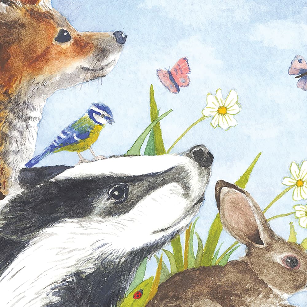 Close up view of British wildlife print, the original was a watercolour painting. featuring a fox, badger, rabbit, blue tit, butterflies and ladybugs